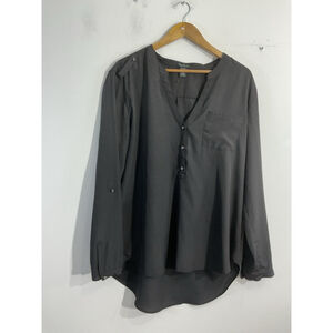 Womans Michael Brandon Blouse XL Black V Neck Adjustable Sleeves 1/4 Button Down